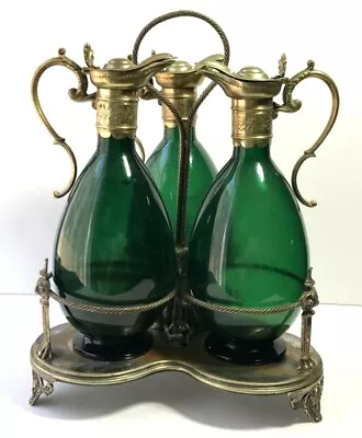 Victorian Three Bottle Tantalus Green Glass Decanters • $499.73