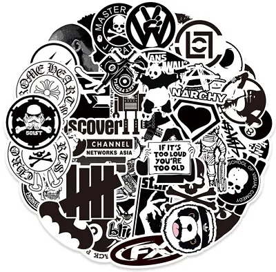 50Pc Black And White Rock Stickers Metal Punk Bands Guitar Music Wall Decals NEW • £3.99