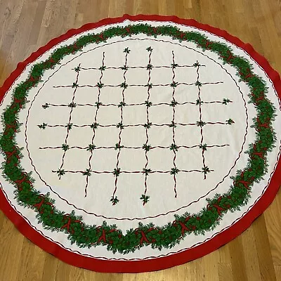 Vintage Round Christmas Tablecloth Holly Pine Garland Ribbon 67  Diameter Cotton • $21.99