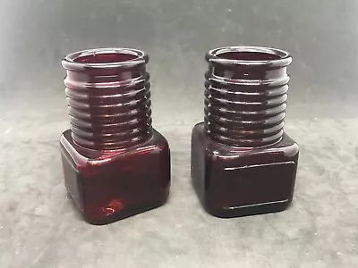 Wheaton Vintage Ruby Red Glass Apothecary Small Bottle Jar Ribbed Pair • $15