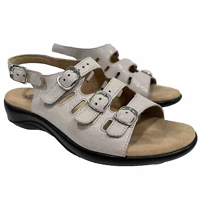 Womens SAS Mystic Sandal Buckle Strappy Beige Shimmery Leather Shoes Size 8 WIDE • $38.88
