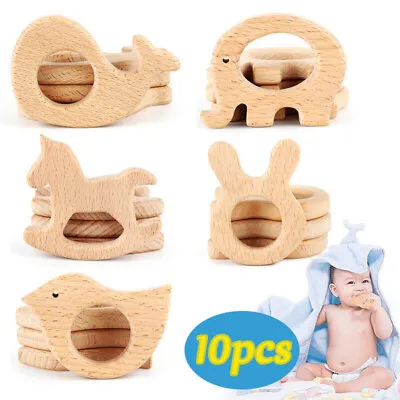 10× Natural Baby Wooden Teething Rings Wood Animal Shape Safety Molar Stick Toy • £8.24