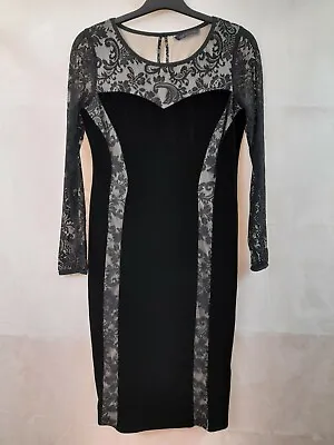 M&S Black Velvet Floral Lace Mesh Sheer Bodycon Pencil Wiggle Dress Size 8 • £15.99