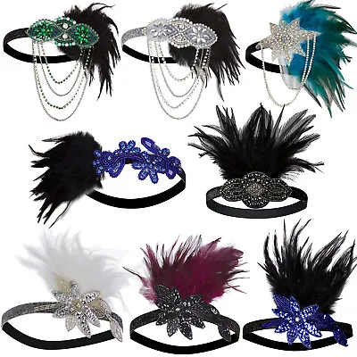 1920s Flapper Headband Feather Beaded Headpiece For Roaring 20s Gatsby Party • $11.19