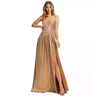 NWT Mac Duggal Gold Metallic Pleated Maxi Dress With Thigh High Slit Size 6 • $191.25