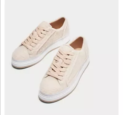 Nwt Zara Faux Fur Sherpa Teddy Platform Sneakers Sz 9 40 Women White Pink Cream • $22.88