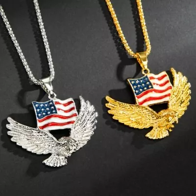 Men's Punk American Flag Eagle Pendant Necklace Rock Biker Jewelry Chain 24  • $12.99