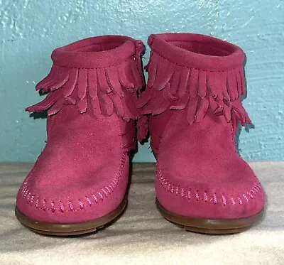 Minnetonka Double Fringe Suede Boots Sneakers Shoes Sz 1 Pink • $22
