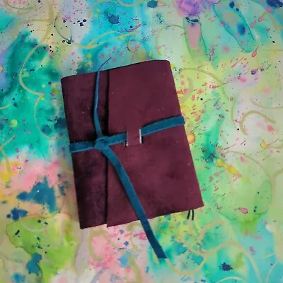 A6 Burgundy Suede Refillable Pretty Wraparound Journal Notebook Handmade + Thong • £20