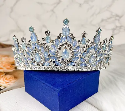 Baroque Vintage Silver Crystal Tiara Wedding Gemstone Ocean Blue Crown • $34.99