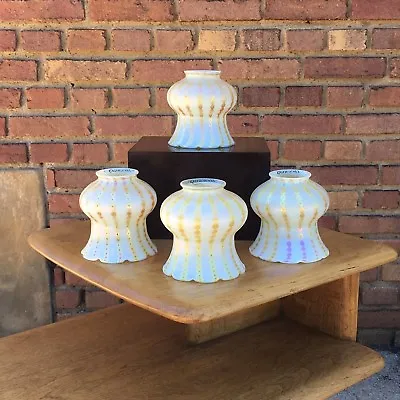 $2250 • Buy SET Of 4 Matching Quezal SIGNED Art Glass Lamp Shades RARE GOLD ZIPPER Pattern 