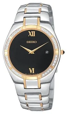 Seiko Black Dial Date Diamonds Accent Two-tone St. Steel Men's Watch Skp338 New • $249.95