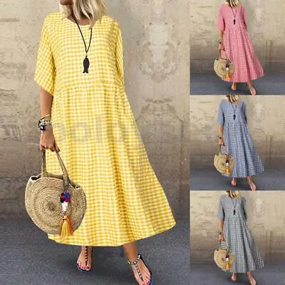 ZANZEA Women Summer Casual Loose Beach Short Sleeve Plaid Check Midi Dress Maxi • £12.77