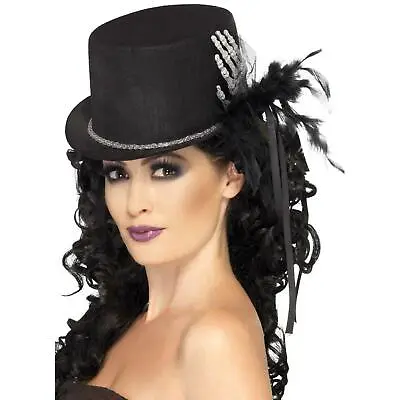 Ladies Gothic Halloween Day Of The Dead Black Skeleton Top Hat Costume Accessory • £12.25