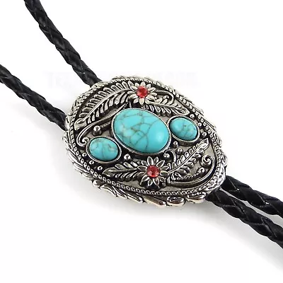 Turquoise Stones Bolo Tie Floral Red Rhinestones 40  Genuine Leather Cord • $24.95
