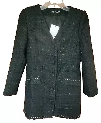 ZARA NWT Size M Textured Black Studded Blazer Dress Long Sleeves • $85