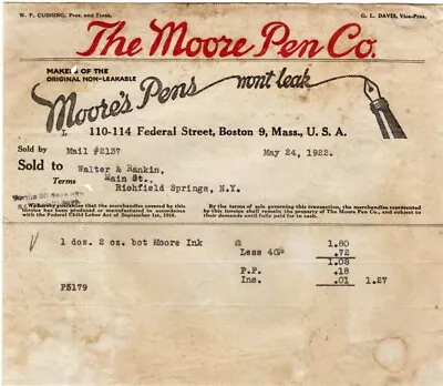 The Moore Pen Co. Boston Sold To Walter & Rankin Richfield Springs NY 5/24/22 • $10.19