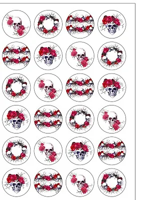 24 PRECUT Skull Red Rose Goth Edible Wafer Paper Cake Toppers • £2.49