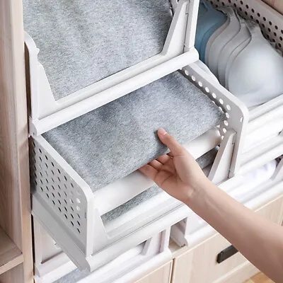 Stackable Wardrobe Organiser Shelf Folding Pull Out Drawer Closet Storage Boxes • £6.94