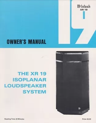 McIntosh XR 19 Isoplanar Loudspeaker System Owner's Manual | SCAN + PDF • $14.99