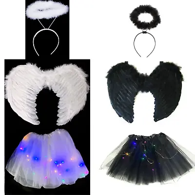 Feather Wing & Halo Light Up Tutu Fancy Dress Costume Black White Dark Angel  • £11.99