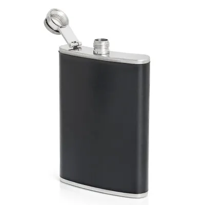 8oz Flask Black Vegan Leather Wrap Stainless Steel Attached Screw Cap Hip Pocket • $9.95