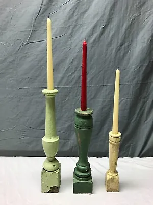 Set 3 Turned Wood Shabby Spindles Chunky Candle Stick Holders Old VTG 2080-23B • $39