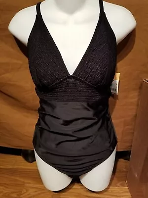 Kona Sol Black Ribbed One Piece Swimsuit Size Large New 15 • $11.99