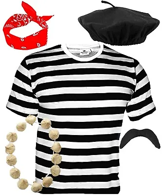 Men's Frenchman Fancy Dress Costume 5 Piece Set Theme Party French Day Outfit • £16.95