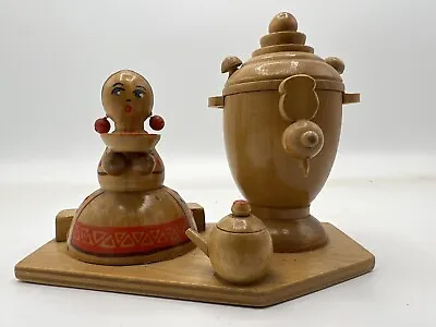 Vintage Old Rare Russian Soviet Wooden Solid Doll With Samovar • $30