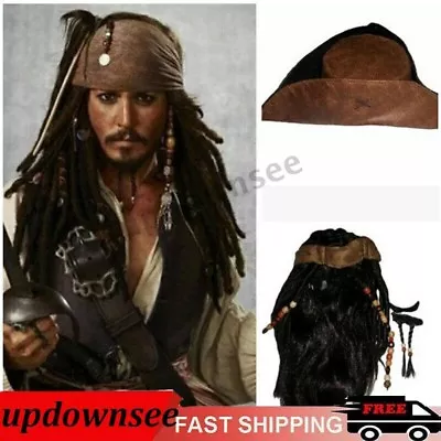 Pirates Of The Caribbean Captain Jack Sparrow Cosplay Brown Wig Hat Beard Prop • £10.69