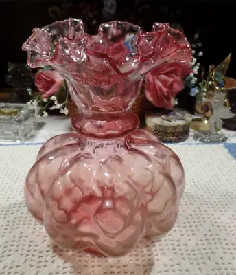 Fenton Art Glass Cranberry Pink Vase Ruffled Edge Vintage Melon Vase 8  Tall  • $9.95