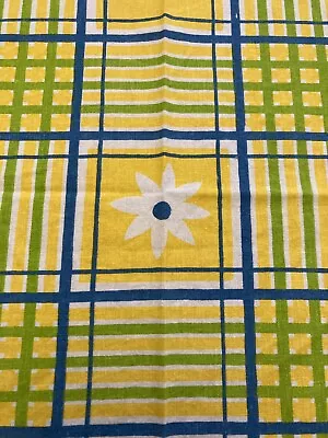 Large Yellow Green Blue Chequered Table Cloth Cotton Vintage? Flower Floral • £11.90