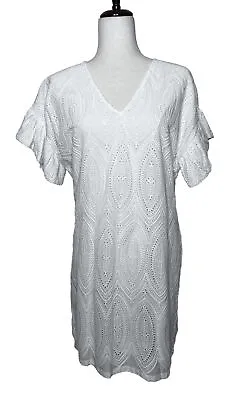 Marie Oliver White Andi Eyelet Dress Size Small Ruffle Sleeve V-neck AB • $51.74