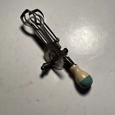 Vintage A&J Mini Kitchen Utensil Toy Egg Beater Hand Mixer Green Wood Handle Wo • $9.95