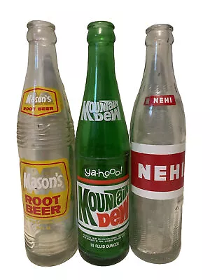 3 Vintage 10oz Glass Soda Bottles Mountain Dew. NEHI & Mason’s Root Beer • $29.99