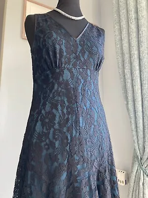 Black Lace Overlay Calf Length Dress. Size 12. Green Lining. Asymmetric Hem • £8.95