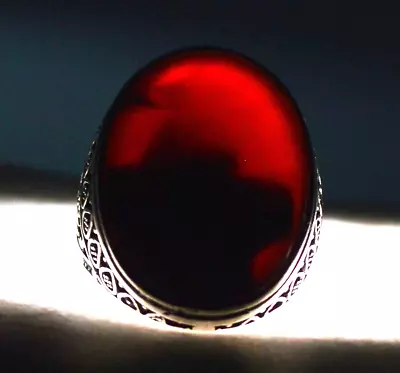 Yemeni Red Zafarani Aqeeq Agate Islamic Silver Aqiq Men Ring خاتم عقيق زعفراني • $135