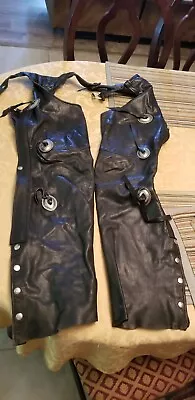 Vintage LEATHER WAREHOUSE Small MOTORCYCLE CHAPS W/FRINGE & SILVER ACCENTS 60s • $17.95