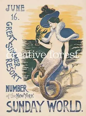 Mermaid Of Summer Vintage Travel Poster Rolled Canvas Giclee Print 24x30 In. • $53.02