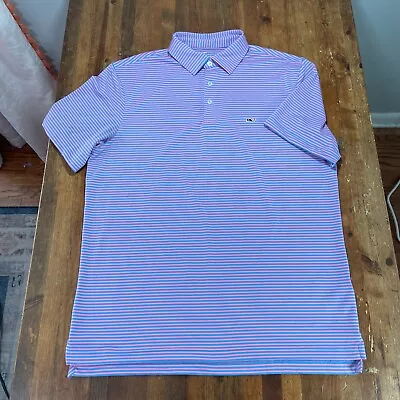 Vineyard Vines Polo Shirt Mens Medium Blue Pink Striped On The Go Sankaty Preppy • $18.99