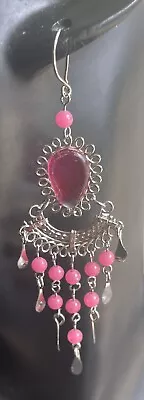 Peruvian Hot Pink Glass Long Earrings Beads Handmade Alpaca Silver Boho Ethnic • $9.99