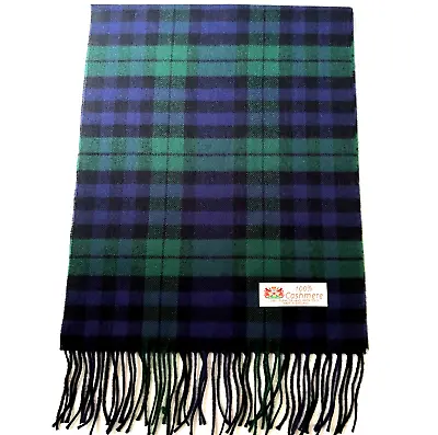 100% CASHMERE SCARF Made In England Soft Wool Wrap Plaid Green /Black/Navy #F04 • $10.50