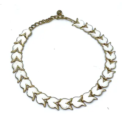 Vintage Necklace Choker Tulip Shaped White Enamel Chain Link Gold Tone Small 14  • $12