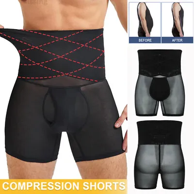 Mens Compression Boxer Tummy Shorts Body Shaper Waist Trainer Girdle GYM Pants  • $14.99