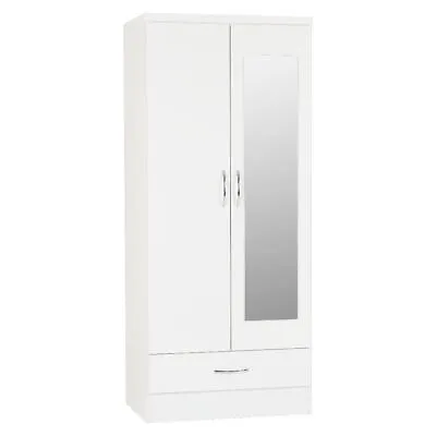 Nevada White Gloss 2 Door 1 Drawer Mirrored Wardrobe Bedroom Storage Furniture • £204.99