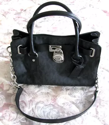 EUC Michael Kors Hamilton Satchel Bag Medium Black Silver Chain MK Purse Leather • $38