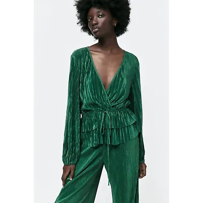 ZARA Pleated Blouse Peplum Satin Emerald Green V-neck Size M • $25