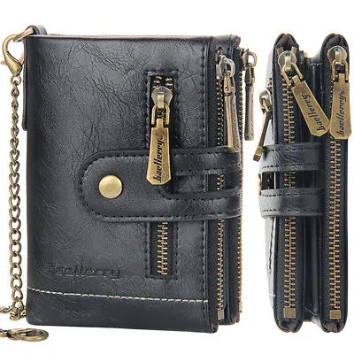 Mens Wallet With Anti-Theft Chain Leather Purse Bifold Double Zipper Coin Pocket • $11.29