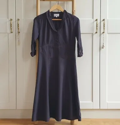 £50 • Buy Brora UK 12 Cotton Viscose Dress Fitted Dark Navy Flare Button Down Shirt